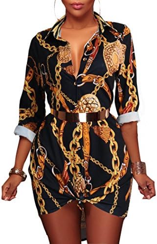 Women Button Down Collar Dashiki Floral Long Shirt Blouse Mini Dress Top