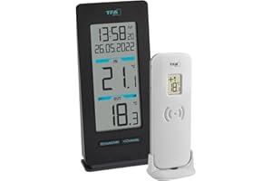 TFA Dostmann Termometr radiowy Buddy, 30.3072.01, temperatura zewnętrzna i wewnętrzna, maksymalne i minimalne, zegar radiowy, czarny