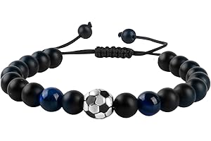 GOWTX Sohn Armband aus Naturstein Geschenk, Teenager Fussball Armband, Jungen Fußball Armbänder, Verstellbares Armband mit Fußball Perlen Inspirierender Karte für Enkel Jungen Geburtstag