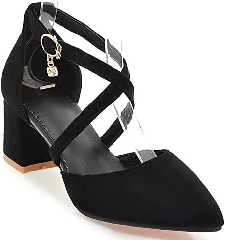 KingRover Women's Trendy D'Orsay Pointed Toe High Block Heel Buckle Pumps Rhinestone Slip on Cross Strap Shoes