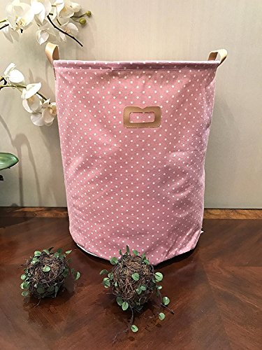 dokehom DKA0811PK Baumwolle Leinen Aufbewahrung Eimer, rund Wäschekorb, erhältlich in 7 Farben Pinke Punkte - 3