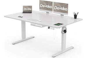 Devoko Höhenverstellbarer Schreibtisch 160x80cm mit Typ-C Ladeanschluss, Mobiler Elektrisch Computertisch mit Kabel Management Tray und 3-Funktions-Memory, Weiß