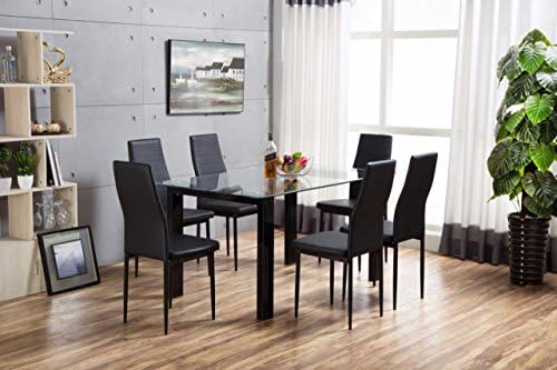 HAVANA Rectangle Glass Dining Table Set and 6 Black Faux Leather Chairs