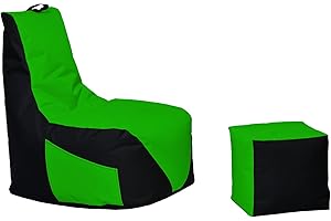 Momiralland Gaming Sitzsack - mit Lehne Sitzkissen - Beanbag - mit Reißverschluss - BodenKissen Sessel In- & Outdoor geeignet - Gaming mit PC Xbox & PlayStation (Schwarz - Grün, Sitzsack + Hocker)