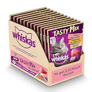 whiskas Adult (1+ Year) Tasty Mix Wet Cat Food Made with Real Fish, Tuna with Kanikama and Carrot in Gravy - Pack of 12 (70g x 12)