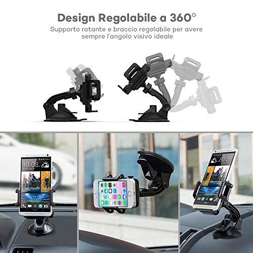 Supporto Auto Smartphone TaoTronics Porta Cellulare Auto, Sostegno Smartphone Auto con Rilascio Automatico e Larghezza 5cm-9cm di Braccia, 360 Gradi di Rotazione per iPhone, Smartphone Android, Telefoni Cellulari e Navigatori da Auto