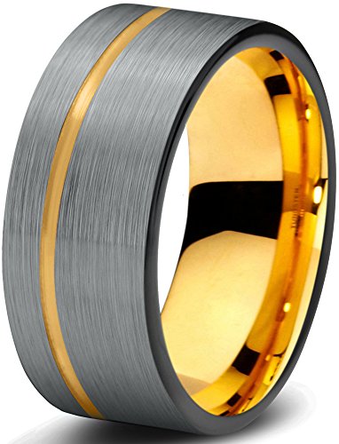 Tungsten Wedding Band Ring 9mm for Men Women Black & 18K Yellow Gold Pipe Cut Brushed Polished Lifetime Guarantee