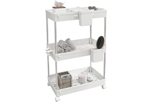 LYNCOHOME Rollwagen Küchenwagen mit 3 Ebenen, Küchenregal Nischenregal auf Rollen, Badregal Aufbewahrungswagen für Küche Badezimmer, mit 4 Haken+2 Behälter+Korbunterteilungen