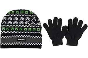 BIOWORLD Minecraft Creeper Swords Fair Isle Boys Beanie Hat & Gloves Set Black