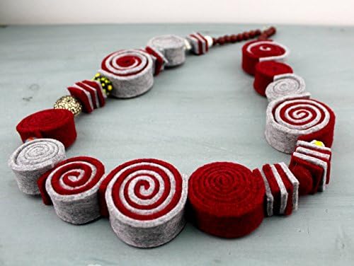 Grey and red Felt and Lampwork Glass Beads Necklace, Nickel free - Valentine's day