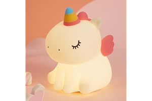 SALUOKE Unicorno Luce Notturna Bambini, Lampada Notturna per Bambini, 3 Modalità di Luce, Lucina Notte Regolabile con Timer, Controllo Touch, Lampada Unicorno in Silicone, Ricaricabile Tramite USB