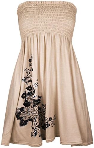 Womens Floral Mini Dress Ladies Sheering Bandeau Boobtube Strapless Top 8-14 (UK 12, Stone)