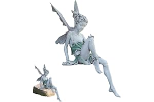 Jsleid Sitzende Fee Garten Ornament, Sitzende Elfen Gartenfiguren, Sitzen Fee Statue Garten, Feenstatue, Harz Handwerk, Harz, Grau, für Außen, Innen und Hoflandschaftsdekorationen, 22cm