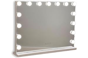 ‎FLAMINGUEO Flamingueo Hollywood Lusterko do Makijażu z Oświetleniem - 15 LED - 3 Tryby - Regulowana Intensywność - Sterowanie Dotykowe - Port USB - Lustro Powiększające w Zestawie - Biały - 58x12x48cm