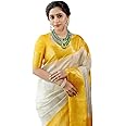 Flosive Women's Sun Yellow&White Golden Zari Shine Soft Kanjivaram Silk Wedding Saree