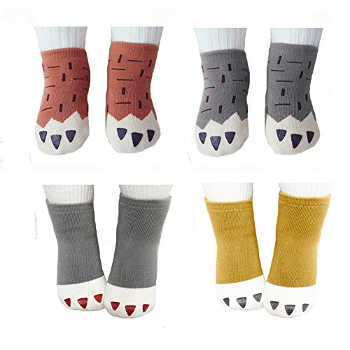 LifeWheel 4-Pair Thick Anti-Slip Cotton Paw Print Pattern Terry Socks For Baby 0-4yrs M