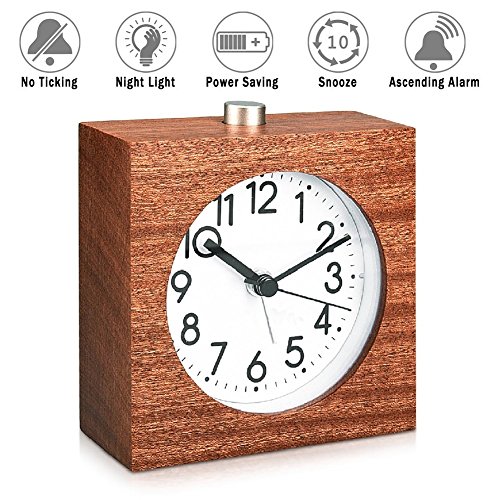 Bashley Digital Wooden Clock,Small Silent Desk Snooze Handmade Wood Alarm Clock, Mute Creative Alarm Clock with Nightlight-Brown