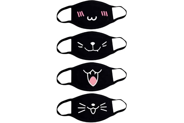 Fashionapple Lot de 4 masques de bouche animés - Unisexe - En coton - Anti-poussière - Mode Kawaii mignon - Réutilisable - Noir avec motif, Lot de 4 - A, 4 Stück (1er Pack)