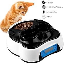 PEDY 2 en 1 Distributeur Automatique Chat,Distributeur Automatique d'Eau avec 3 Rappel Vocal Personnalisé 10s,4 Repas,Séparation pour Aliments Sèche et Humide,Minuterie Programmable à LCD Écran,1.6L