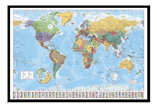 World Map Pin Board Framed In Black Wood Includes 100 Pins - 96.5 x 66 cms (38 x 26 inches)