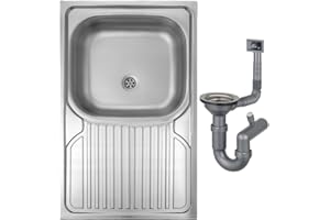 DomoDomo - Lavello Cucina in Acciaio Inox 80x50 cm – Lavello da Incasso 1 Vasca con Gocciolatoio, Lavello senza Foro Rubinetto, Satinato, con Sifone