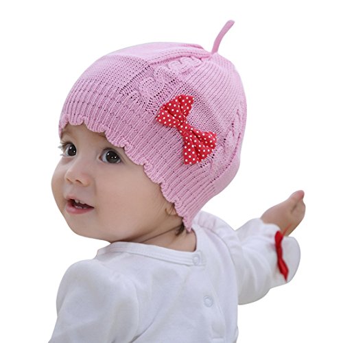 Happy Cherry Baby Girl Toddler Child Kids Fashion Cute Hat Autumn Winter Warm 100% Cotton Knitted Cap Polka Dots Red Bowknot Crochet Beanie - 18-24M 50cm