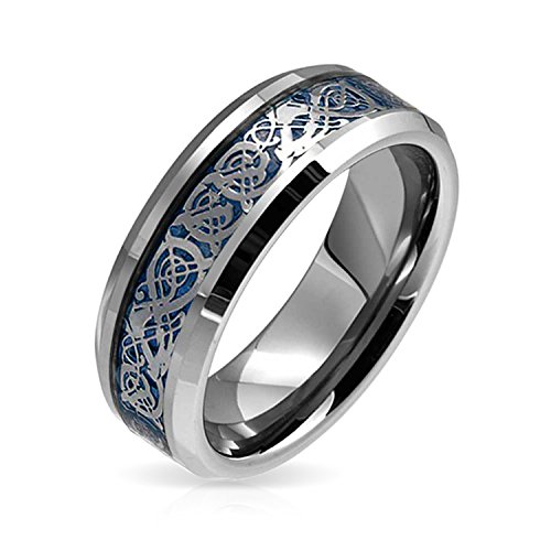 Bling Jewelry Blue Dragon Nudo Celta Inlay Banda Boda Anillo de tungsteno para los Hombres 8MM