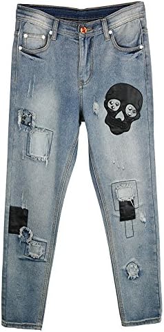 JeansForest Laides Patchwork Destroyed Panel Skull Print Denim Loose-Fit Jeans