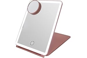 iFCOW Specchio per il trucco con luce, specchio cosmetico pieghevole con illuminazione a 3 colori, specchio di bellezza ricaricabile con touch screen e lente d'ingrandimento 10X