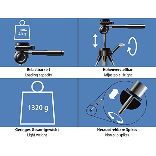 Hama Fotostativ Action 165 3D (Höhe 61–165 cm, Gummifüße und Spikes, Belastbarkeit bis 4 kg, Gewicht 1320 g leicht, Kamera Stativ inkl. Tragetasche) schwarz - 7