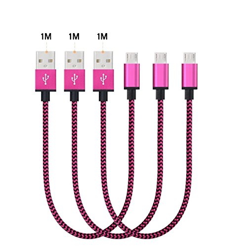 DaoRier Micro USB Kabel Datenkabel Android USB Cable 1m Handy Ladekabel USB A Stecker auf Micro USB Metallstecker Nylonmantel Nylon Geflochtenes für Samsung Galaxy S5 S6 S7 Huawei Rose Rot 3 Stück - 2