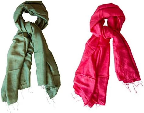 Pure Raw Silk Long Scarf Wrap Shawl (Green and Red, 2)