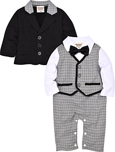 ZOEREA Toddler Infan Baby Boy Suit Formal Party Baptism Wedding Tuxedo 2pcs Outfit Sets Black Jacket and Stripe Onesies Romper 3-18 Months