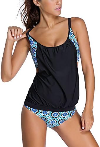 ACHICGIRL Women Black Color Block Geo Printed Tankini Adjustable Bottoms Layered-Style Swimwear, Black&amp;Blue S