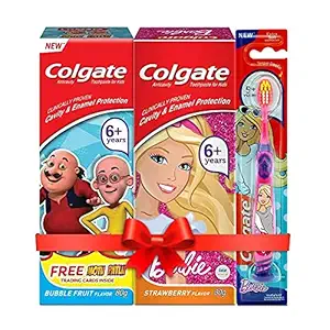 Colgate Kids Oral Care Variety Pack (for 6+ Years) ? Motu-Patlu (Bubble Fruit) & Barbie (Strawberry) Toothpaste, 80g each with Barbie Toothbrush, 1pc