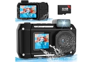 NAWCHEDO Fotocamera impermeabile 4K UHD 48MP Fotocamera subacquea 33FT con scheda 32G robusta antipolvere antiurto autofocus selfie doppio schermo fotocamera digitale subacquea per snorkeling (nero)