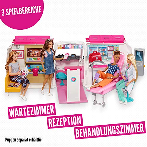 Barbie FRM19 - 2-in-1 Krankenwagen, aufklappbares Fahrzeug mit Licht und Geräuschen, Puppen Spielset mit Zubehör, Mädchen Spielzeug ab 3 Jahren - 4