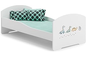 KOBI Letto per bambini con materasso LUK, bianco | per la cameretta dei bambini | per un ragazzo e una ragazza | materasso, rete inclusa | (Dinosauri, 140x70)