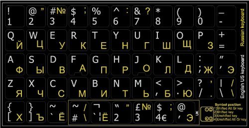Russisch – Englisch Schwarz Tastaturaufkleber mit weißen und gelben Buchstaben – Geeignet für jede Tastatur - 2