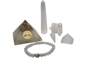 BLISS CREATION Crystals and Healing Stones Set Selenite Includes Selenite Orgone Pyramid, Pendent, Wand, Raw Stones, Pendulum, Small Stone Pyramid and Selenite Buddha Bracelet