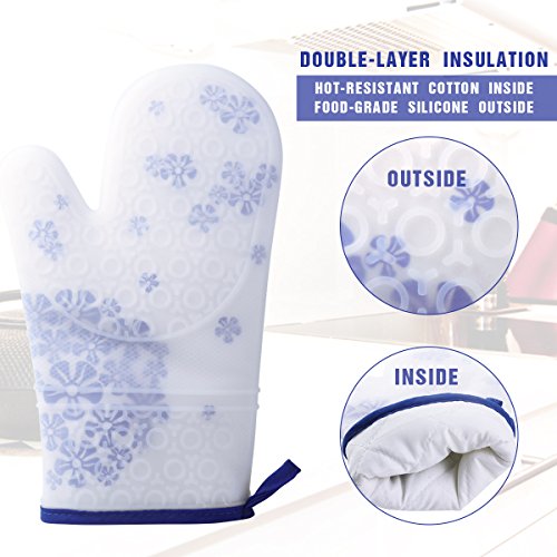 Ofenhandschuhe Und Topflappen Schürze Silikon, Backhandschuhe 2er Set, Doppelt Hitzebeständig, Gummi Grillhandschuhe Profi, Weiß Hellblau Design Blumen, Waschbar, Hochwertig - 2