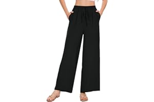 Atxnn Pantalon Femme Dété Chic et Elegant Pantalon Solide Couleur Pantalons Jambe Large Droit Décontractée avec Poches Taille Elastique Haute Pantalon