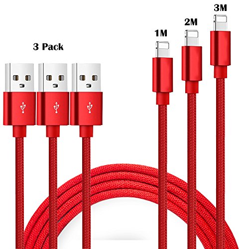 iPhone Lightning Kabel, Lively Life Lightning-auf-USB-A Ladekabel Datenkabel Nylon geflochten Rote für Apple iPhone 7 / 7 Plus / SE / 6S / 6S Plus / 6 / 6 Plus / 5S / 5C / 5 , iPad Air / Air 2, iPad mini / 2 / 3 / 4, iPad 4- [3Pack, 3FT 6FT 10FT]