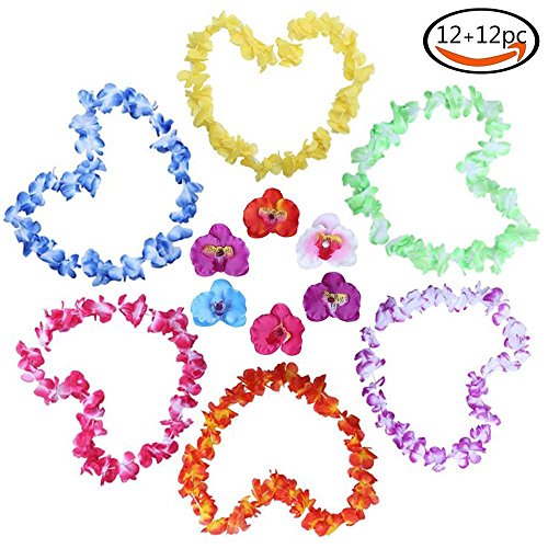 Goodlucky365 12 Stück Hawaii gekräuselte Blumen Girlande Blumenkranz und 12 Stück Hawaii Blumen Haarspange für Strand Thema Party, Geburtstag - 2