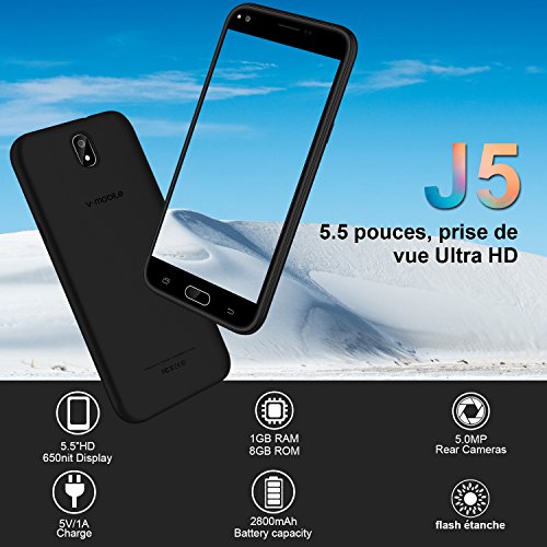 V J5 4G Smartphone Portable D  bloqu   Pas Cher 9Pcs 8Go ROM Ecran 5 5   5MP Appareil Photo Android 7 0 2800mAh Batterie Double SIM Mobile Portable D  bloqu     Noir 