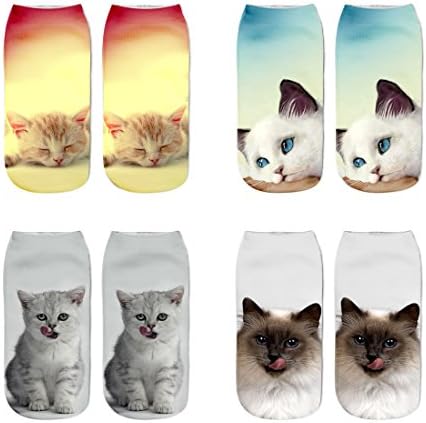 Genfien 4 Packs Ladies Girls Crew Socks Low Cut Knit Thermal Fancy 3D Cartoon Kitten Pattern Cute Lovely Assorted Design