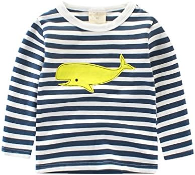 Boys Long Sleeve Stripe Pullover Tee Cotton Basic T-Shirt Tops Shirt for Toddler Kids 1-7 Years with Whale Aircraft Printing