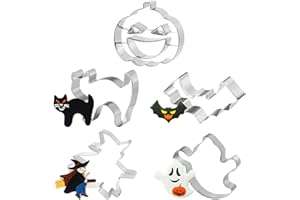 AURASKY Emporte Piece Halloween, 5 Pièce Halloween Moule à Biscuit, Emporte-pièces en Acier Inoxydable, Citrouille Araignée Sorcière Chauve-souris Chat, pour Gâteaux Patisserie Biscuits Fondant
