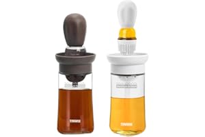 TINMIX T-OB21S Lot de 2 Distributeurs D'huile D'olive 2 en 1 avec Brosse, 180ml bouteille d'huile en verre avec pinceau en silicone pour cuisine, barbecue, grill, pâtisserie, salade, brun et blanc
