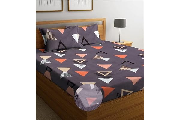 BSB Home Premium Cotton Elastic Fitted Geometric Bedsheets with 2 King Size Pillow Covers Double Bed with All Around Elastic 180 TC Supersoft (72"X78", Grey & Orange), 180-200 TC